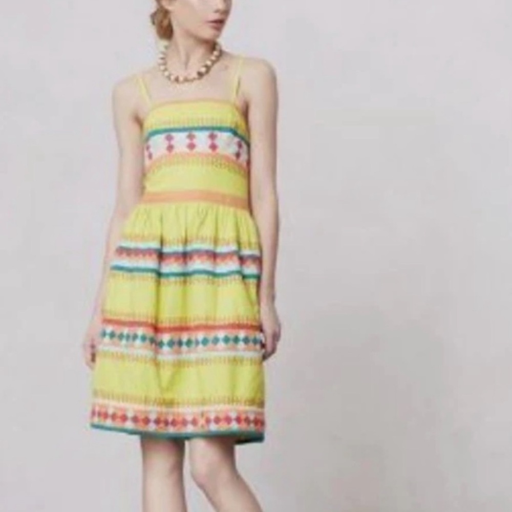 Anthropologie Quilotoa dress quilted ribboned Leifsdottir yellow green colorful